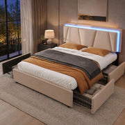 Letto imbottito 140x200 cm beige con LED, 4 cassetti e materasso H3