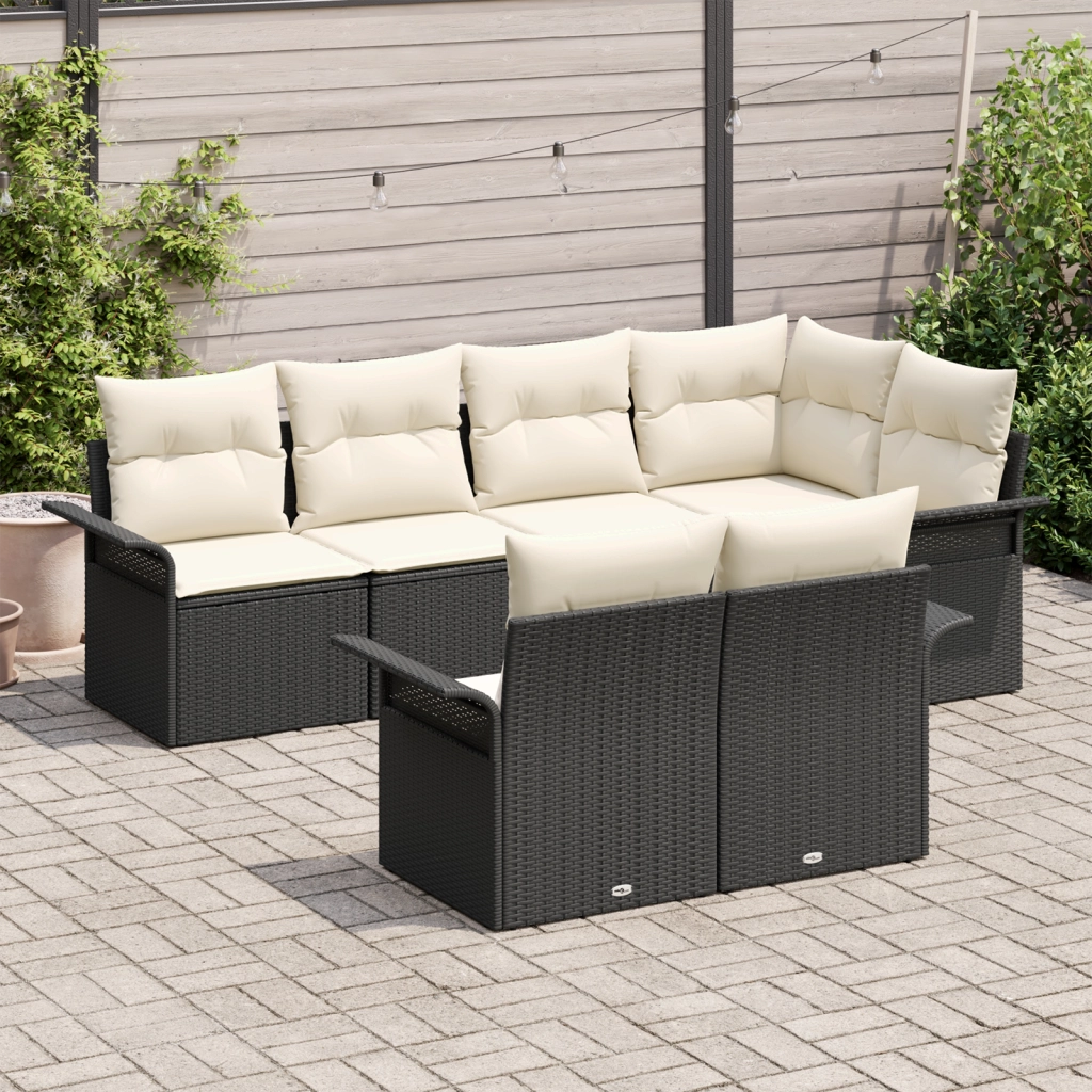 Set Divano da Giardino 7 Pezzi con Cuscini Nero Polyrattan