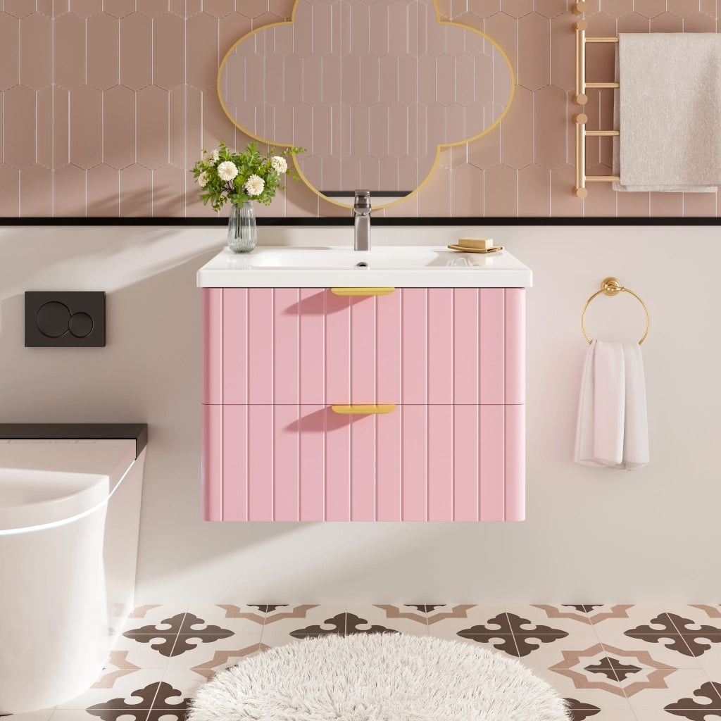 Mobile sottolavabo sospeso con lavabo in ceramica a 2 livelli in MDF rosa e bianco 28,3 kg