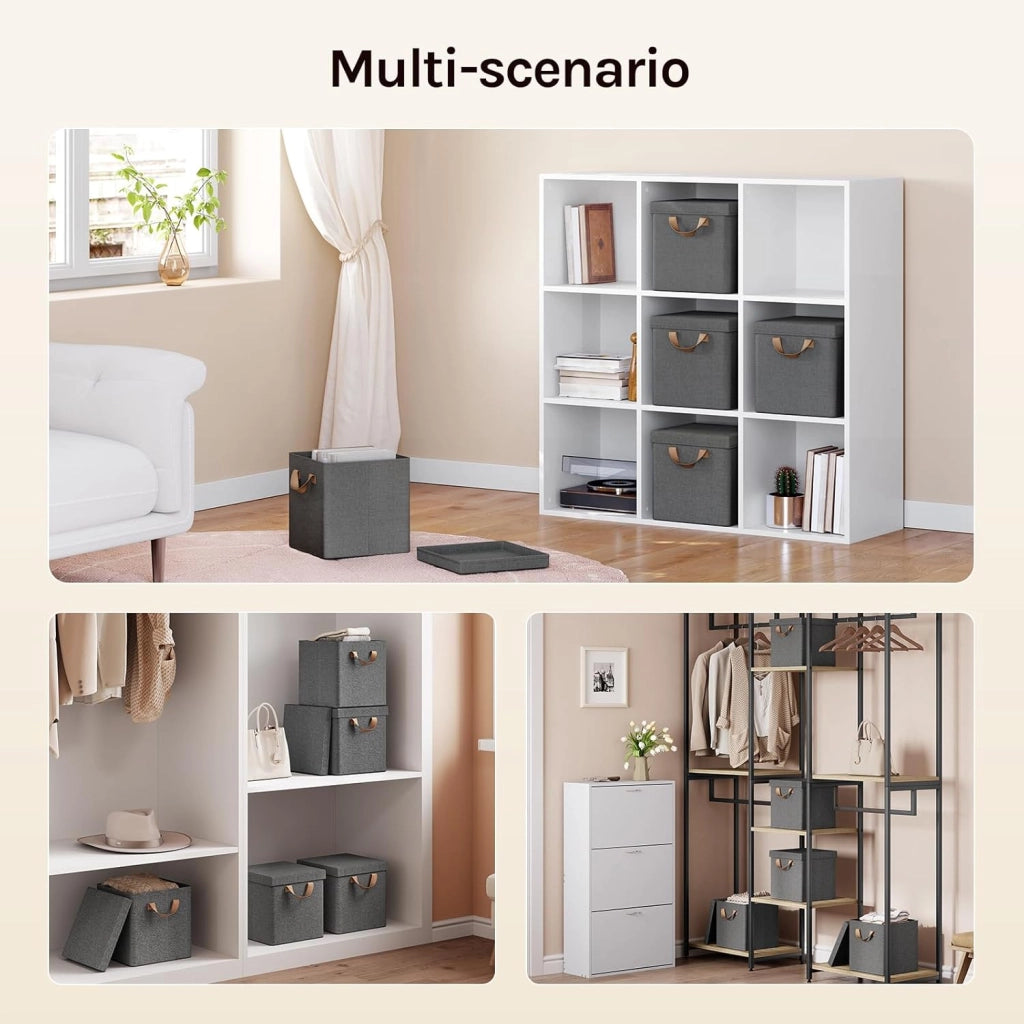 Scatole Contenitori Pieghevoli Set di 5, Cubi in Tessuto con Coperchio, Manico e Struttura in Metallo, Organizer per Scaffale e Armadio, Grigio, 30x30x29cm