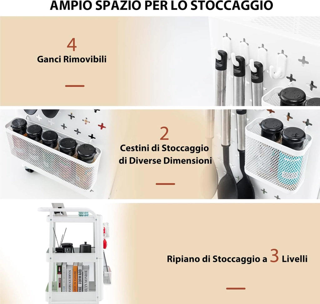 COSTWAY Carrello Multiuso a 3 Livelli, Carrello Organizzatore di Stoccaggio, con 2 Cestini 4 Ganci e Pannelli Rimovibili, Ideale per Ufficio Cucina Studio, 52x33x75cm (Bianco)