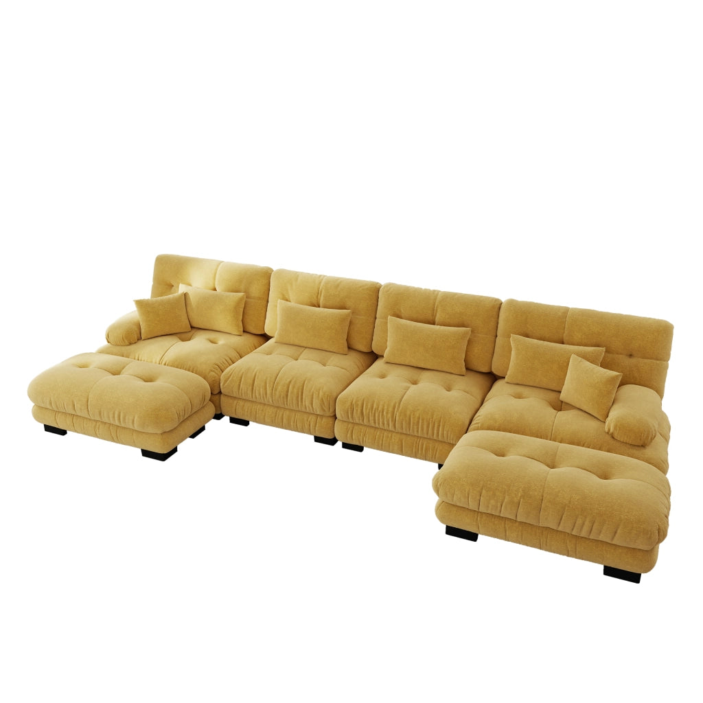 Divano angolare modulare in chenille con ottomano mobile e cuscini lombari, giallo 406 × 145 × 81 cm