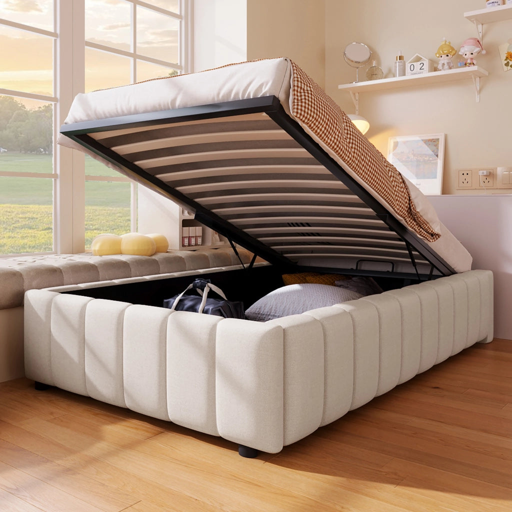Letti contenitori 90x200 cm; contenitore idraulico; lino; beige (Senza materasso)