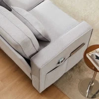 Divano Moderno a 4 Posti in Tessuto di Lino con Tasche sui Braccioli e 4 Cuscini Lombari, Adatto per Soggiorno e Ufficio, 264x83x87 cm, Grigio