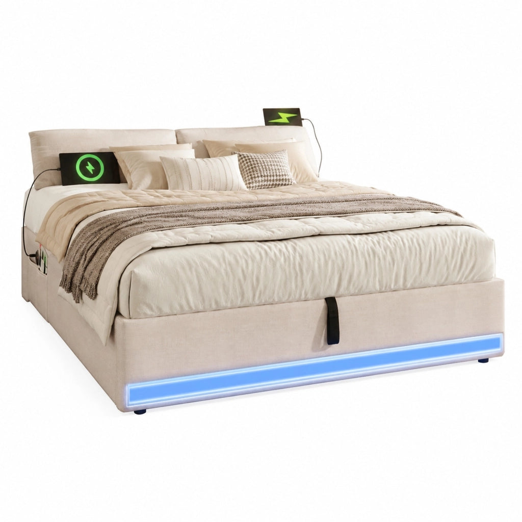 Letto imbottito 140x200 cm senza testiera con LED; USB e Type-C; contenitore idraulico; beige