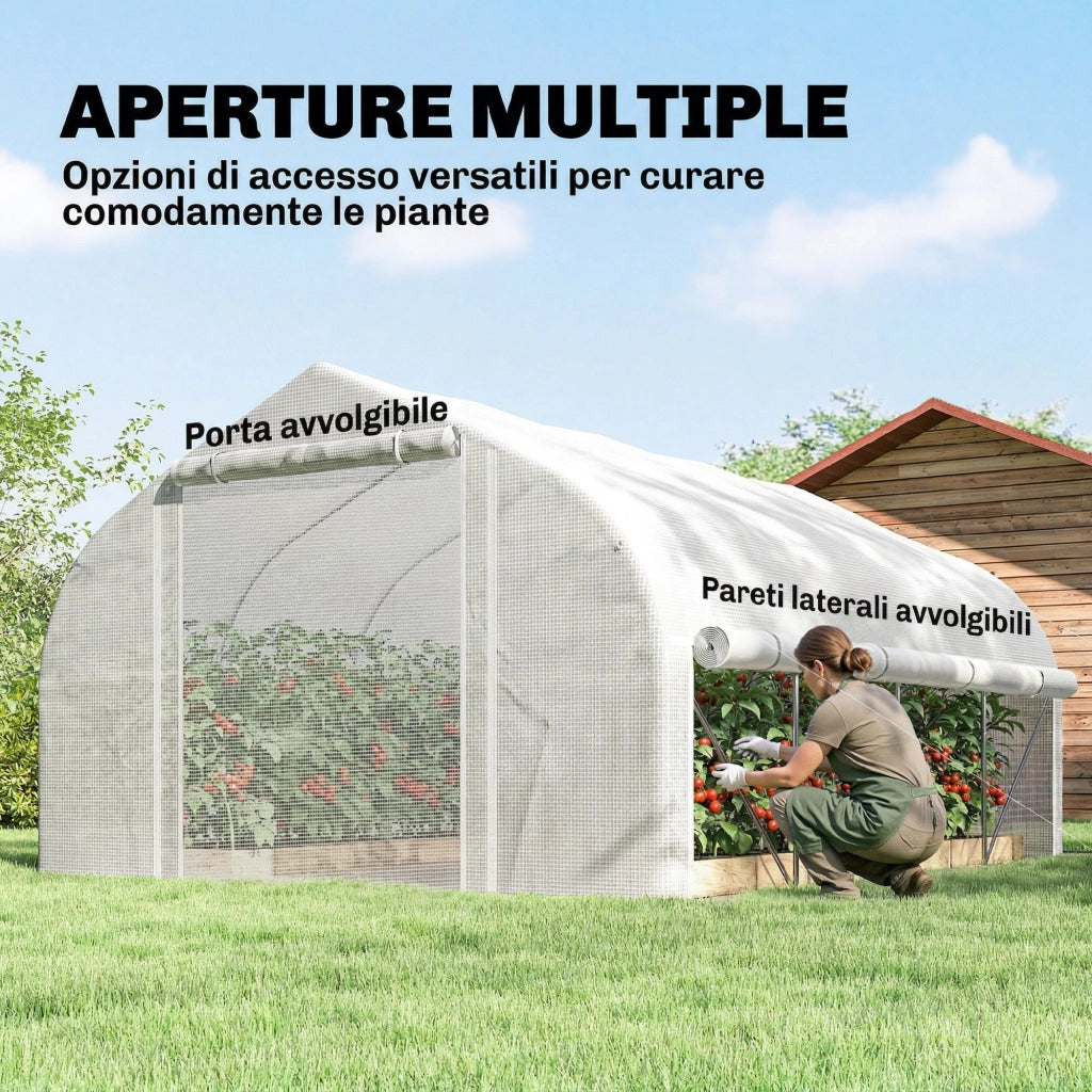Serra da Giardino 4x3m a Tunnel con Copertura in PE, Porta e 8 Finestre Avvolgibili, Bianco