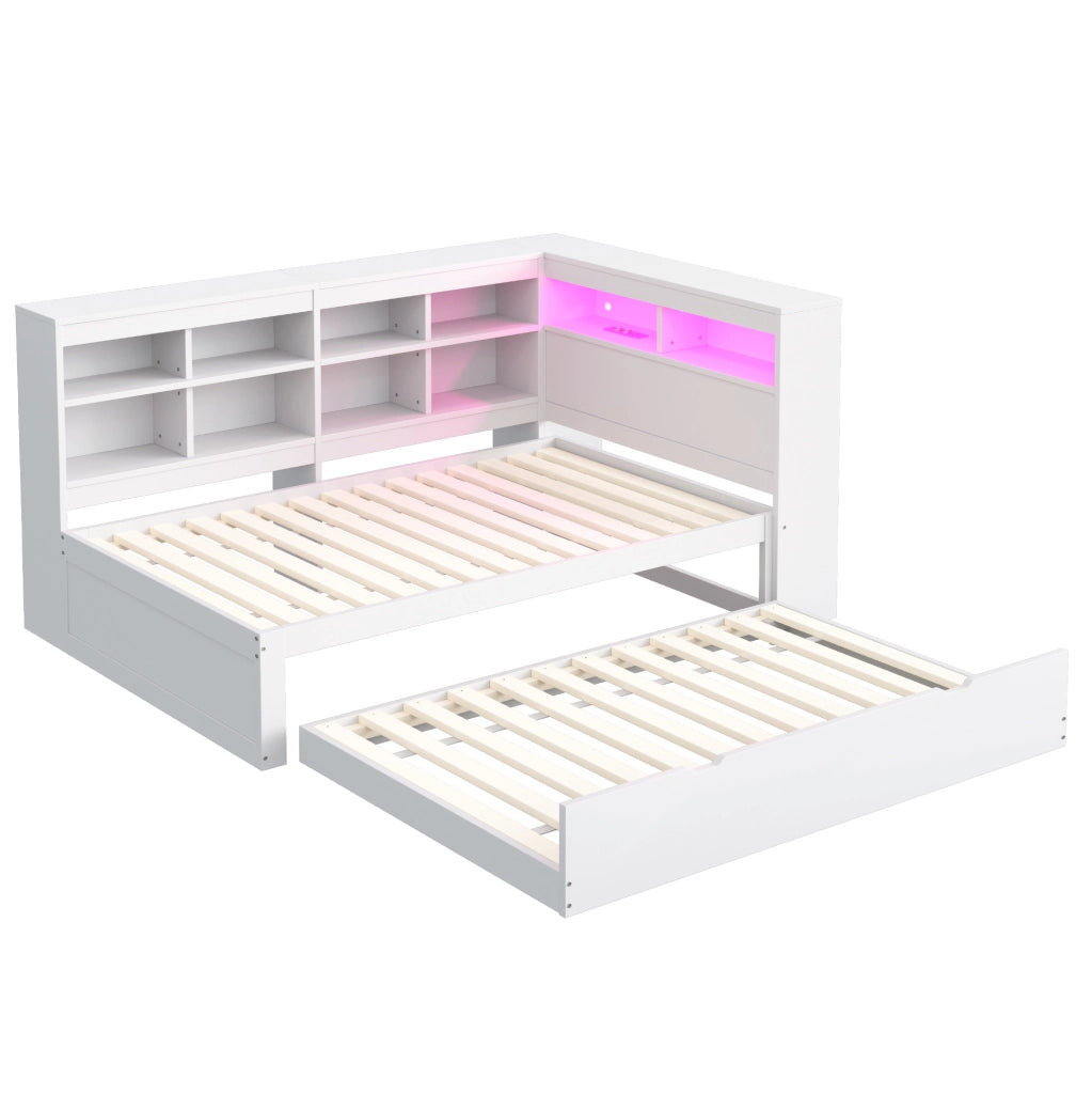 Letto multifunzionale in legno con contenimento, USB e LED, colore bianco