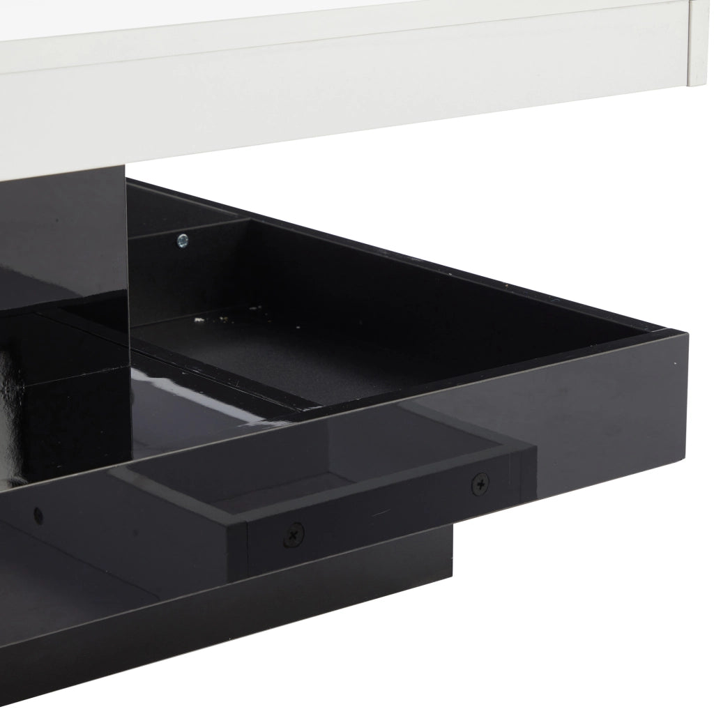Tavolino da salotto girevole 360° 70x70x36 cm in truciolare bianco e nero; con vano portaoggetti