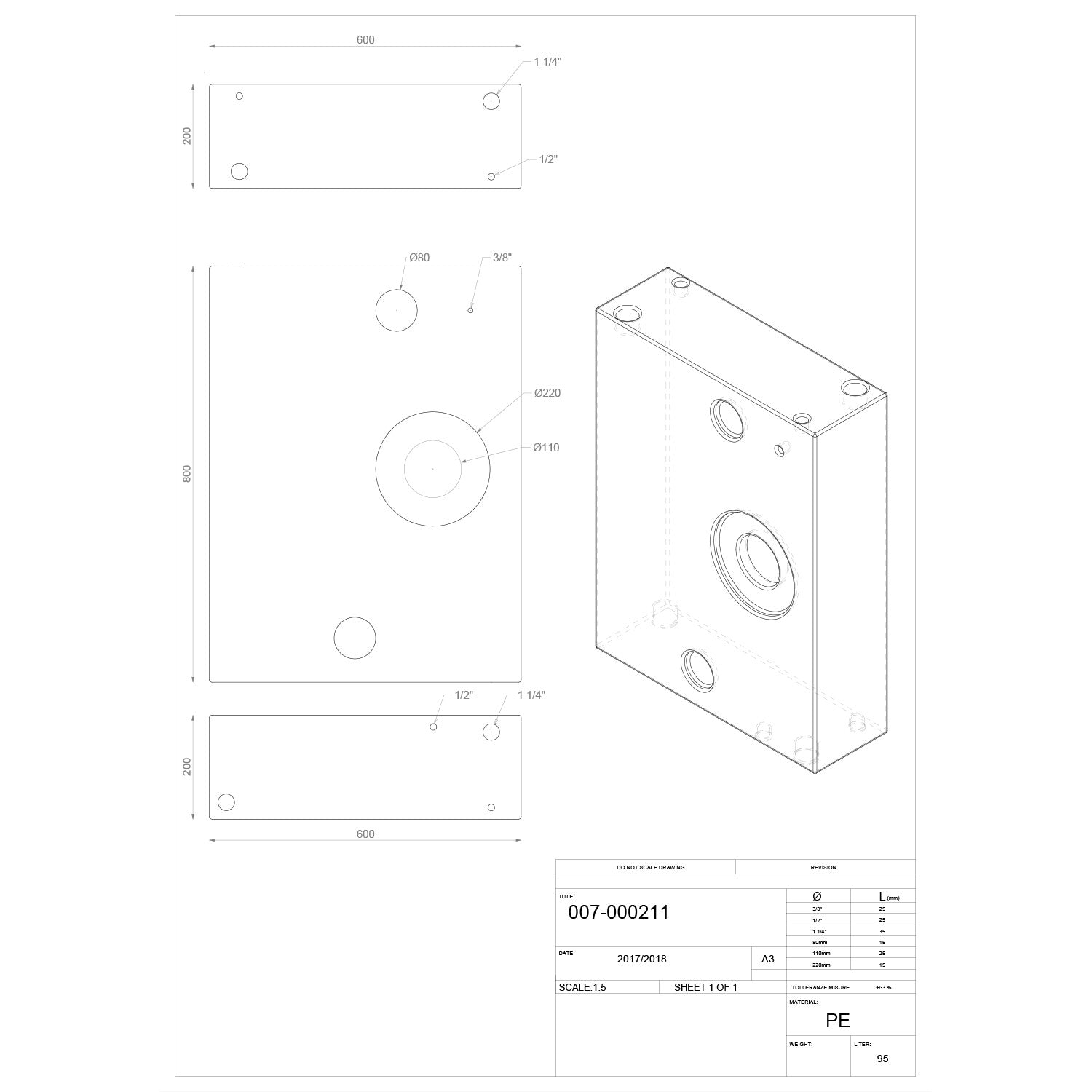 Serbatoio rigido neutro acqua tanica da campeggio e nautica 95 lt