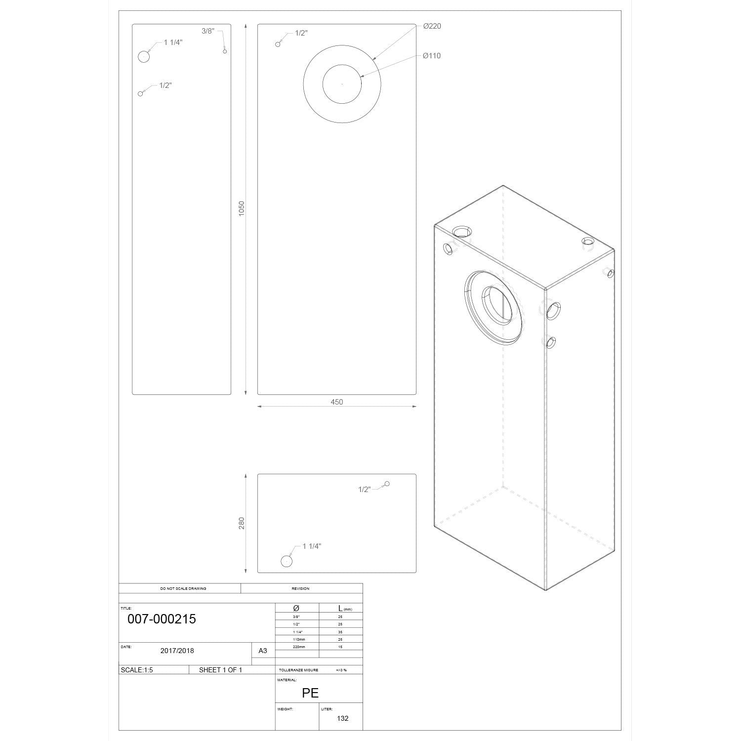 Serbatoio rigido neutro acqua tanica da campeggio e nautica 132 lt