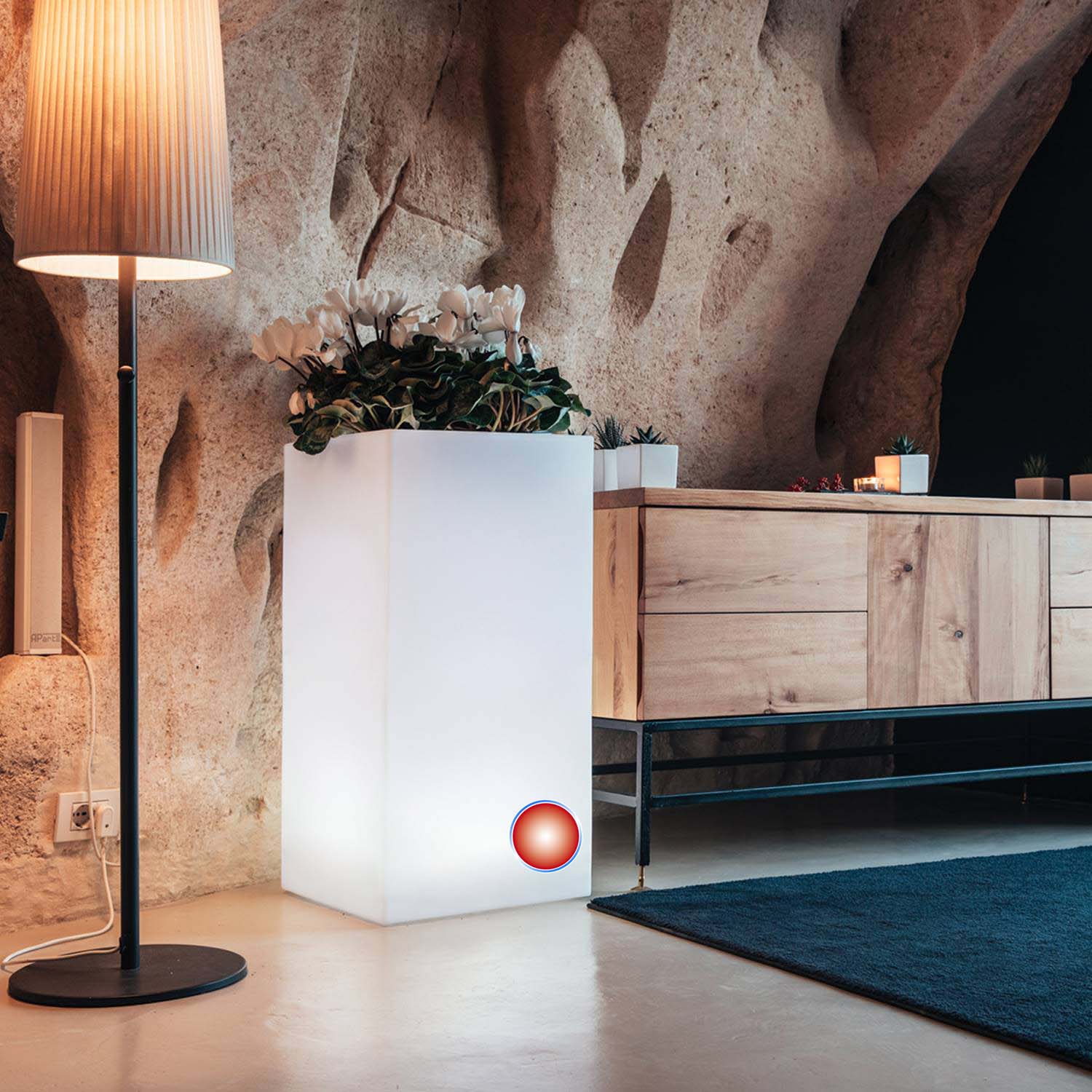 Vaso luminoso in resina quadrato 40x40 Led Luce Rossa mod.  Cube Top Bright