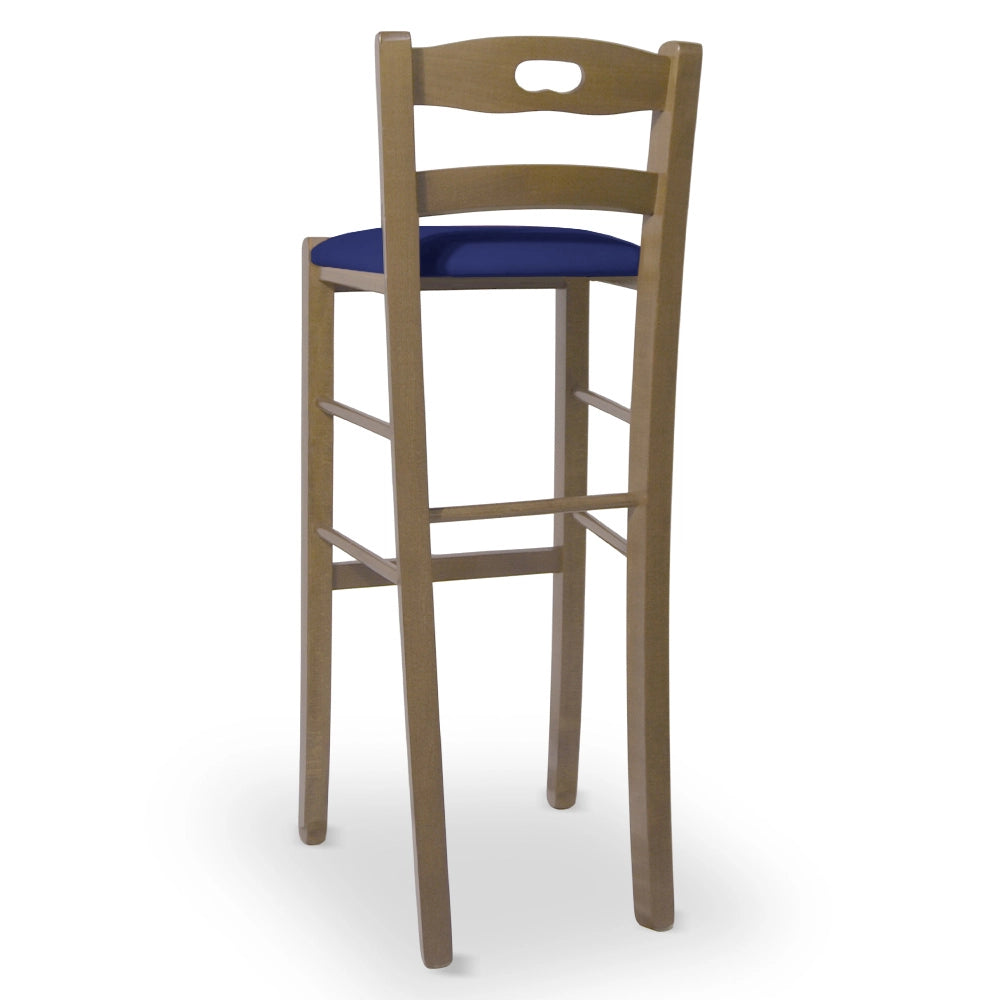Sgabello h 80 in legno noce chiaro con manico e seduta imbottita similpelle blu