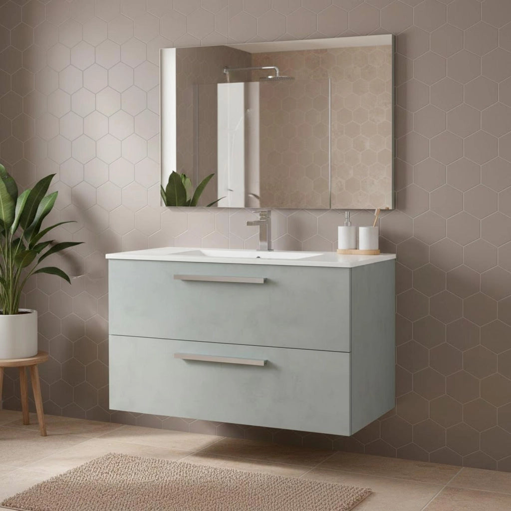 Mobile Bagno Sospeso Con 2 Cassettoni Con Sistema Soft Close Lavandino In Ceramica E Specchio Led Da 30 Cm Design Moderno 57 X 80 X 45 Cm Colore Grigio Cemento