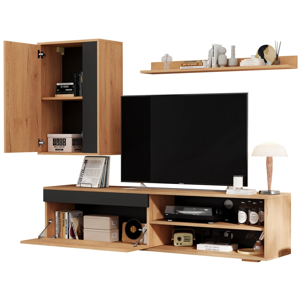 Mobile porta TV con 2 ante e 2 vani aperti, per soggiorno, in truciolare, rovere e nero, 140 × 35 × 39 cm