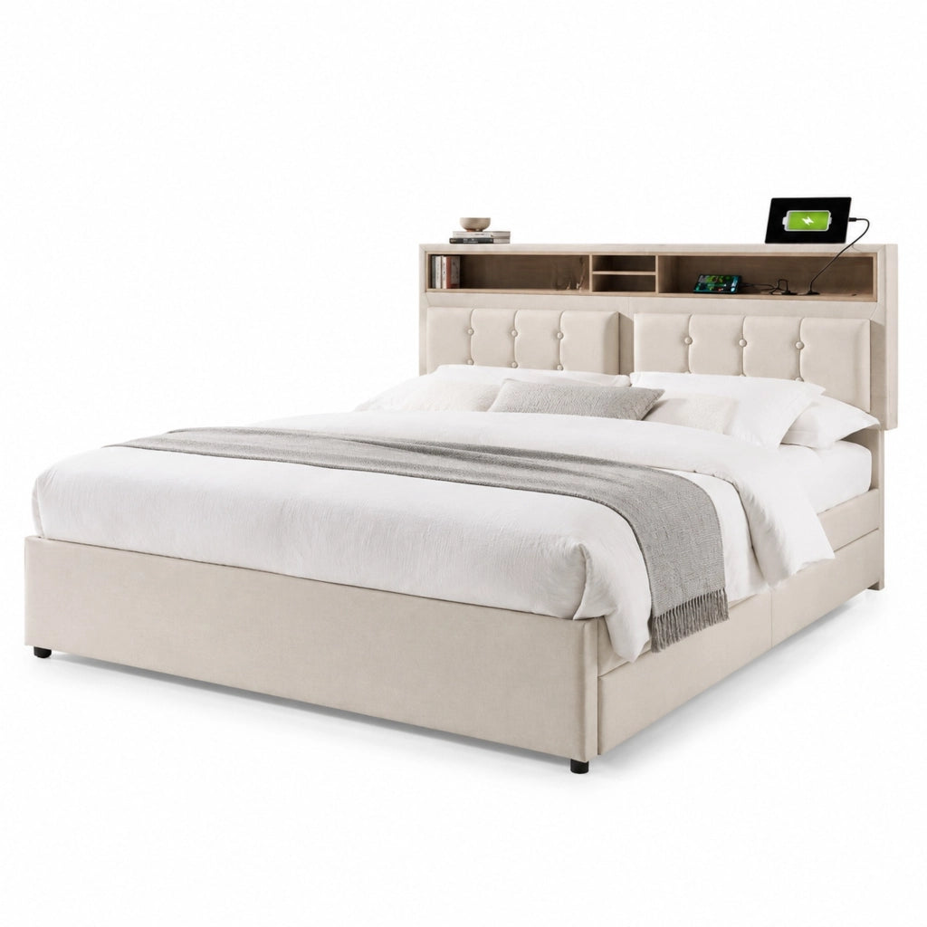 Letto matrimoniale imbottito 140x200 cm con 4 cassetti, testiera regolabile e prese USB/Type C, senza materasso