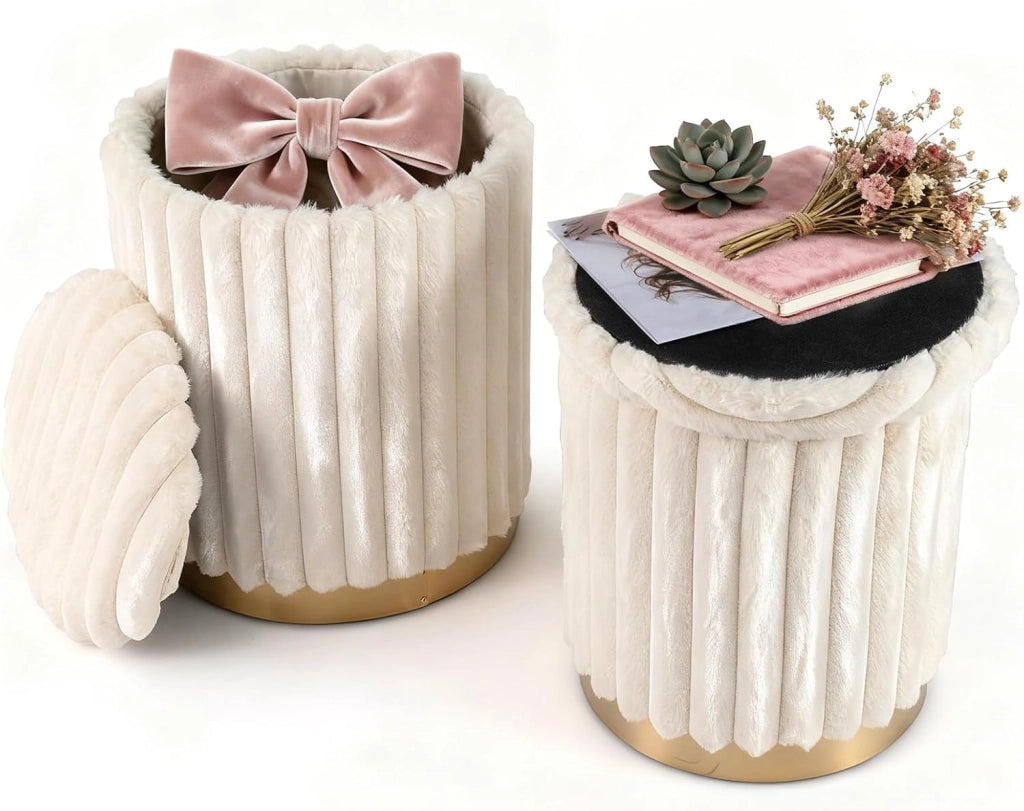 Set di 2 Pouf Contenitori Rotondi, 32L + 21L, Poggiapiedi in Pelo di Coniglio con Coperchi Rimovibili e Scomparti Nascosti, Sgabelli Imbottiti Impilabili per Soggiorno e Camera da Letto