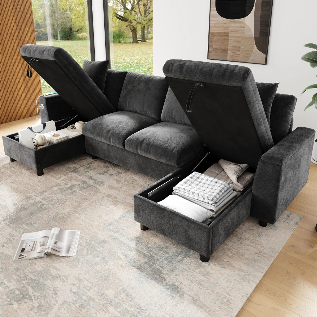 Divano a U con chaise longue e vano contenitore, 1 USB e 1 Type-C, in chenille grigio 279 × 135 × 84 cm