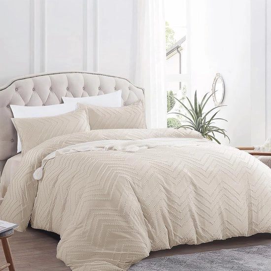 Set di lenzuola da letto boho, 200 x 220 cm, 3 pezzi, beige, con onde irregolari, set di lenzuola, decorato a maglia, stile shabby chic, lenzuola da letto reversibili, coperta morbida a microfibra con chiusura a zip e 2