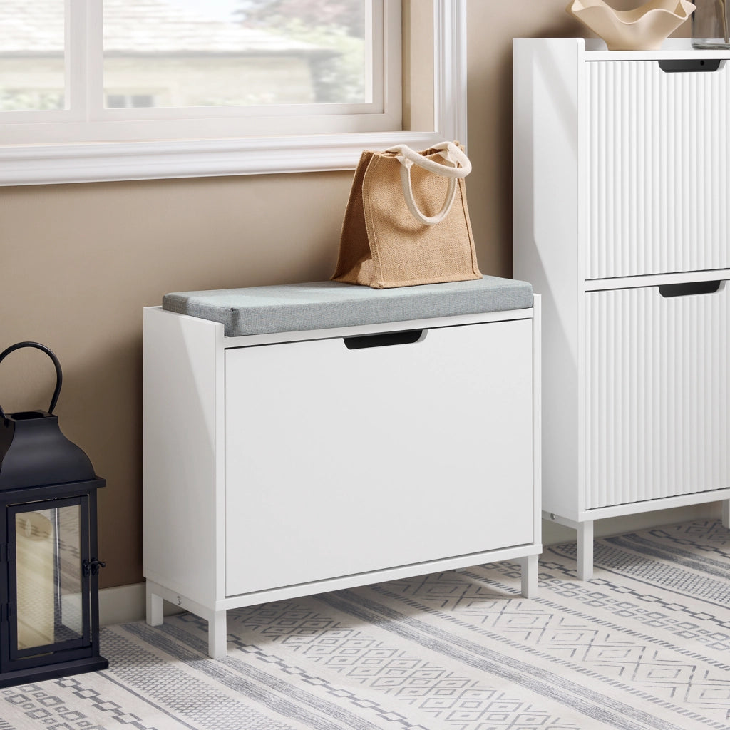 SoBuy Panca Scarpiera da Ingresso - Scarpiera Salvaspazio Slim in Legno, Panca Contenitore con 1 ribalte Scarpiera 2 ripiani, 113kg di Carico, Bianco L60xP24xA52 cm FSR151-K-W