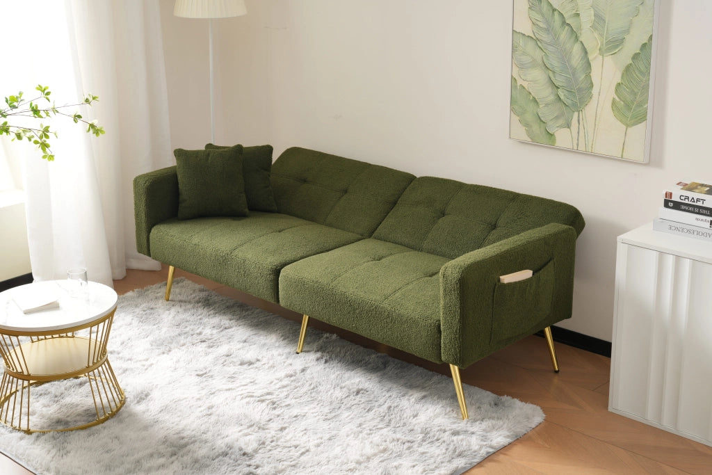 Divano Letto 2 Posti con Schienale Regolabile 105-180° e Tasche Laterali; Piedini Dorati in Tessuto Sherpa Verde Antico