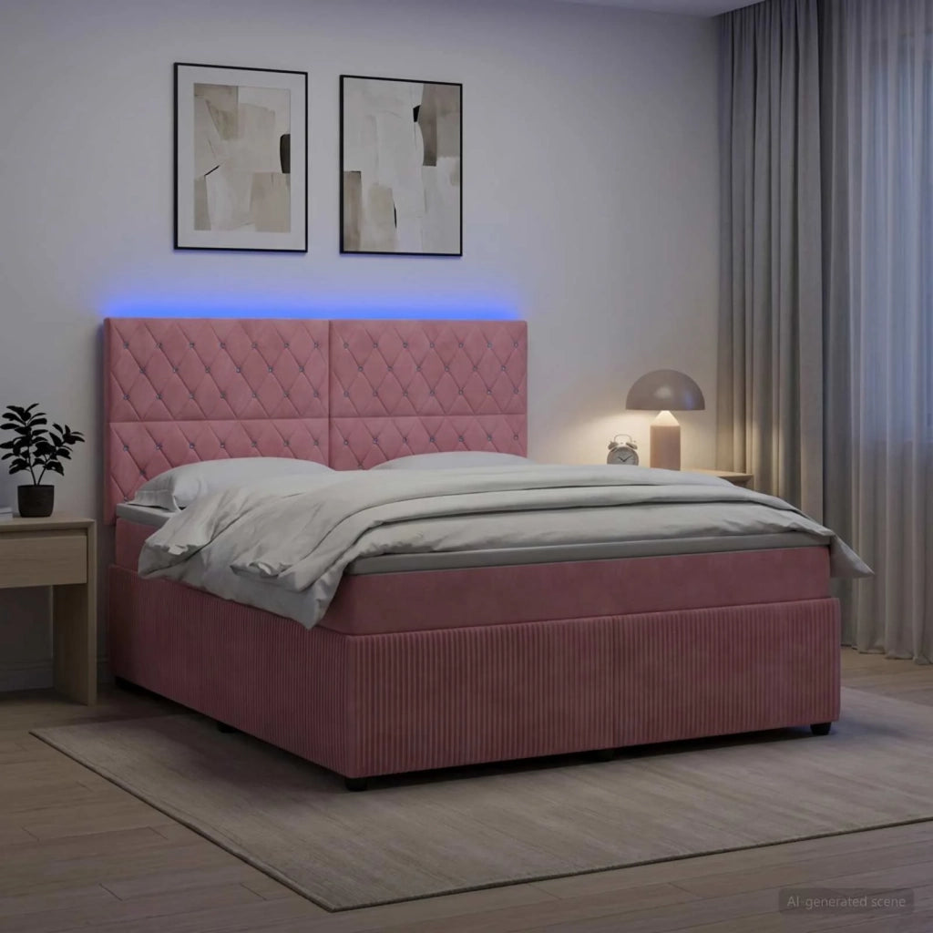 Letto Box Spring LED con Materasso Rosa 140 x 200 cm Velluto 3456082