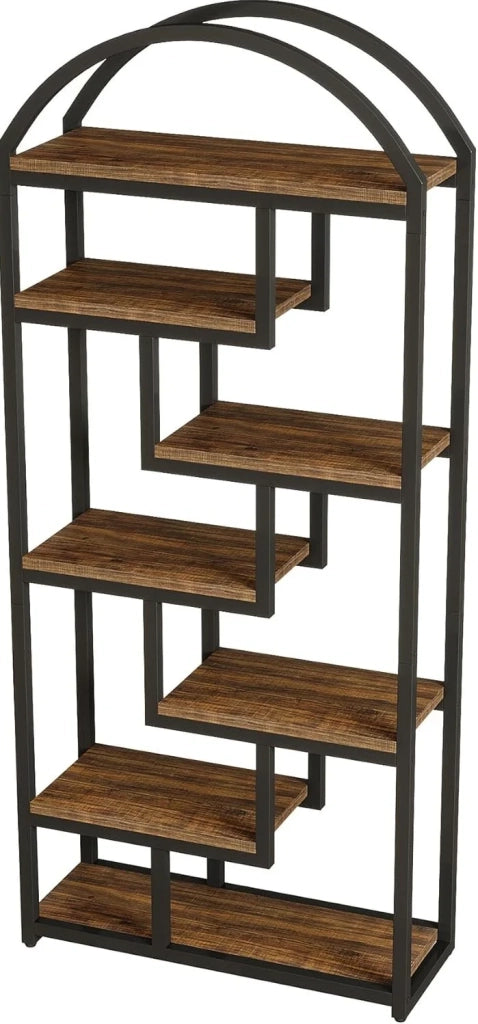 Libreria ULEVR alta 180 cm con 7 ripiani aperti, struttura in metallo e MDF nero e marrone rustico
