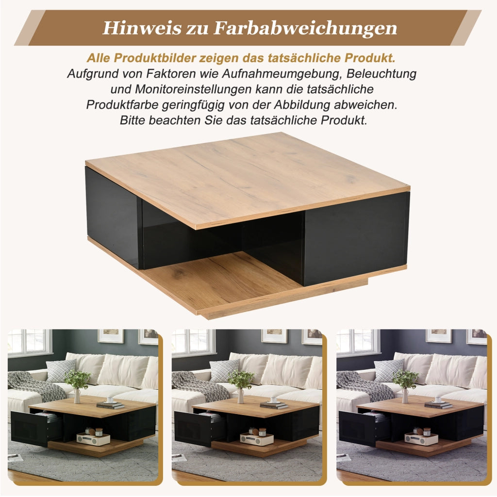 Tavolino basso quadrato con 3 cassetti e vano aperto, finitura lucida, per soggiorno, nero e legno, 70 × 70 × 31,5 cm