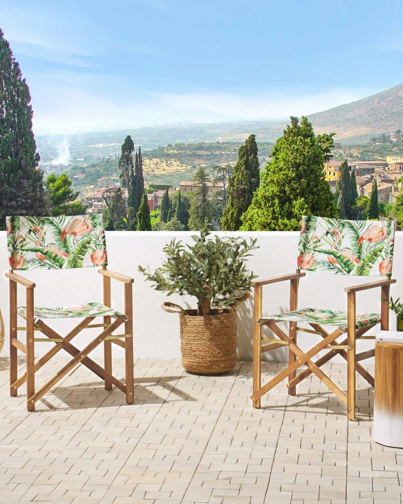 Set di 2 sedie da regista da giardino in legno chiaro con tessuto di ricambio in tessuto acacia fenicottero bianco sporco con 2 Tele intercambiabili