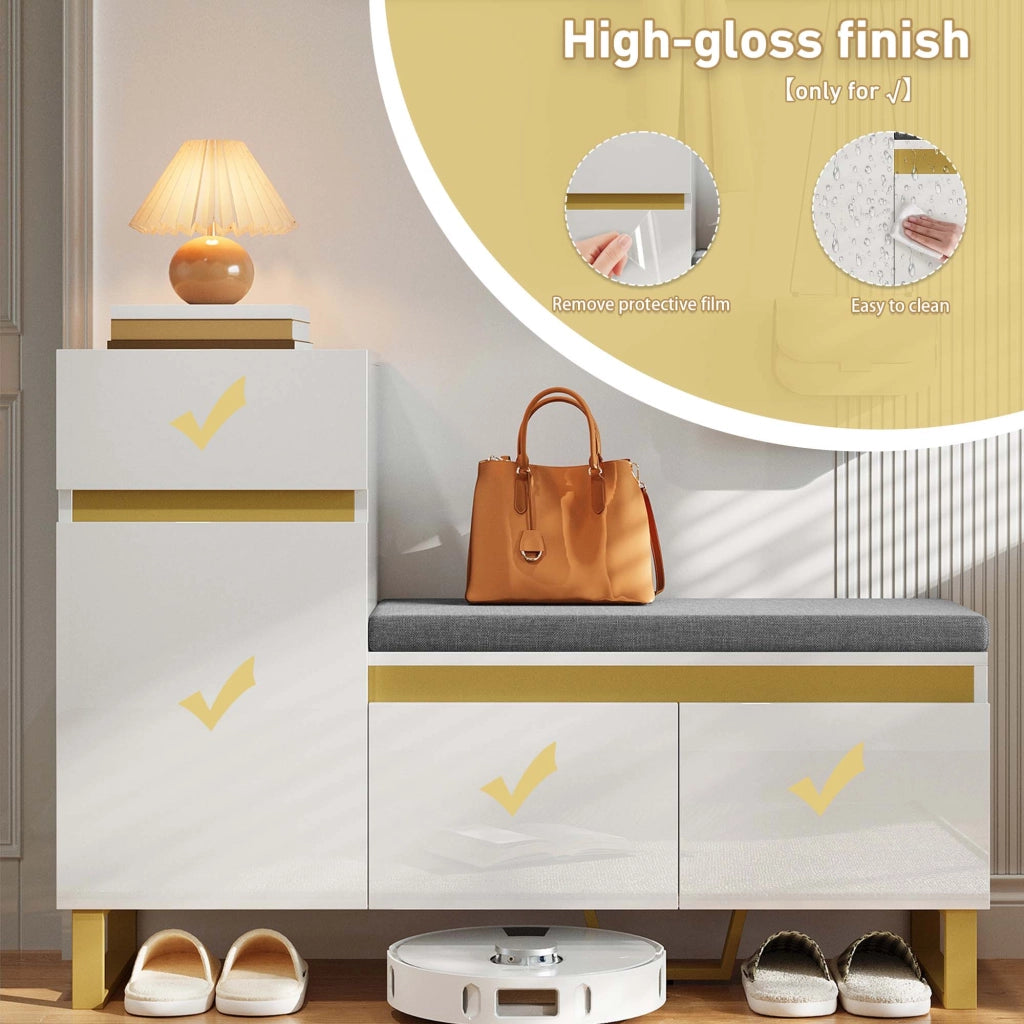 Scarpiera con 2 Ante e 1 Cassetto; Panca con Cuscino; Lucido Parziale; Stile Moderno; in MDF; Bianco; 120×35×85 cm