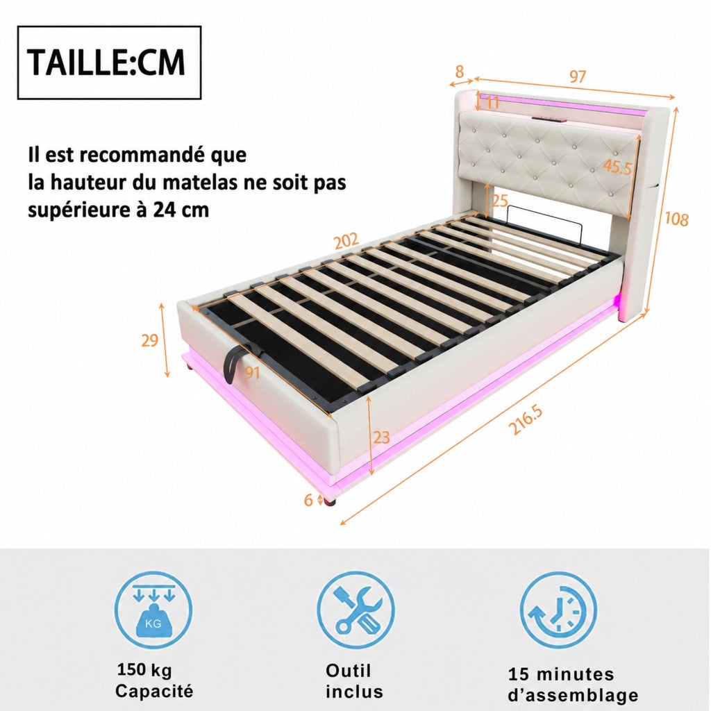 DESMIU Letto bambino 90 × 200 cm 1 piazza con contenitore, LED regolabili, USB e Type-C, senza materasso, lino beige