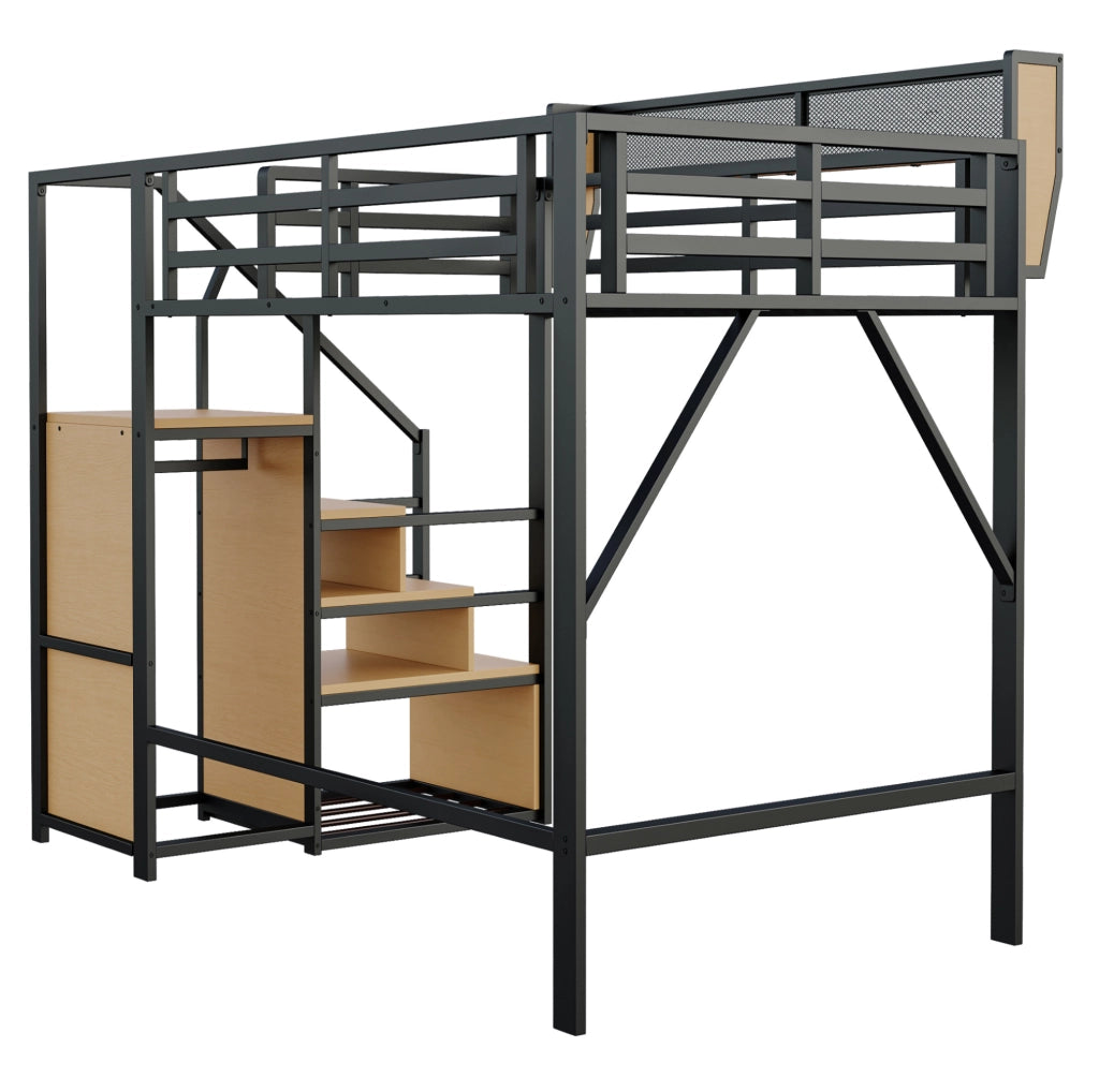 Letto a soppalco 140x200 cm con scala e ripiano regolabile in metallo e MDF nero
