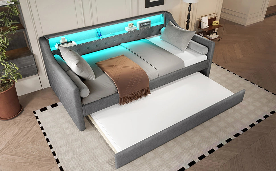 DESMIU Letto singolo 90 × 200 cm con letto estraibile, LED e USB, senza materasso, in lino, grigio