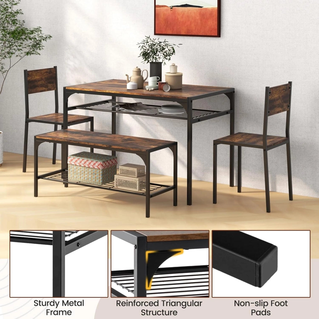 Set di tavolo da pranzo per 4, tavolo rettangolare con 2 sedie, 1 panchina, mensole, telaio in metallo resistente, set da pranzo da 4 pezzi, sala da pranzo, cucina (marrone rustico)