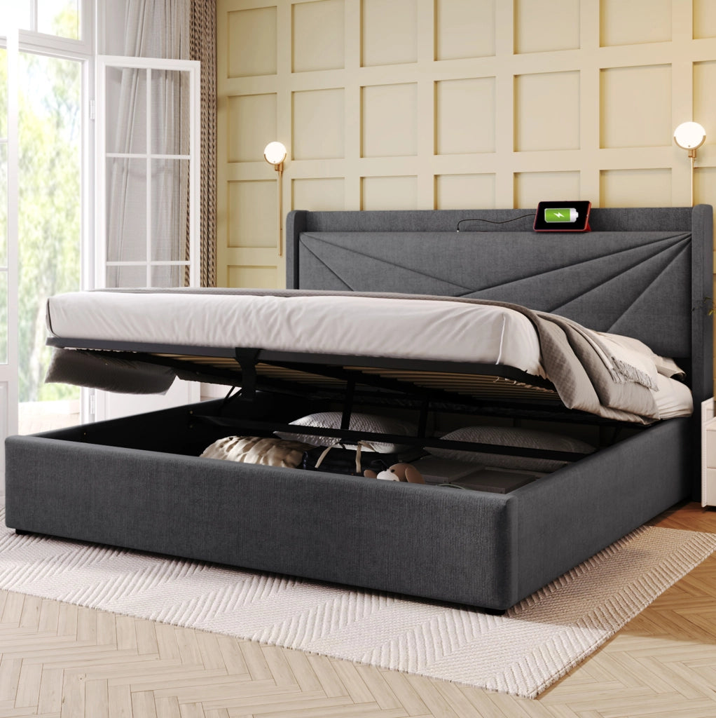 Letto matrimoniale contenitore 160x200 cm con testiera USB e Type-C in lino di cotone grigio; con materasso