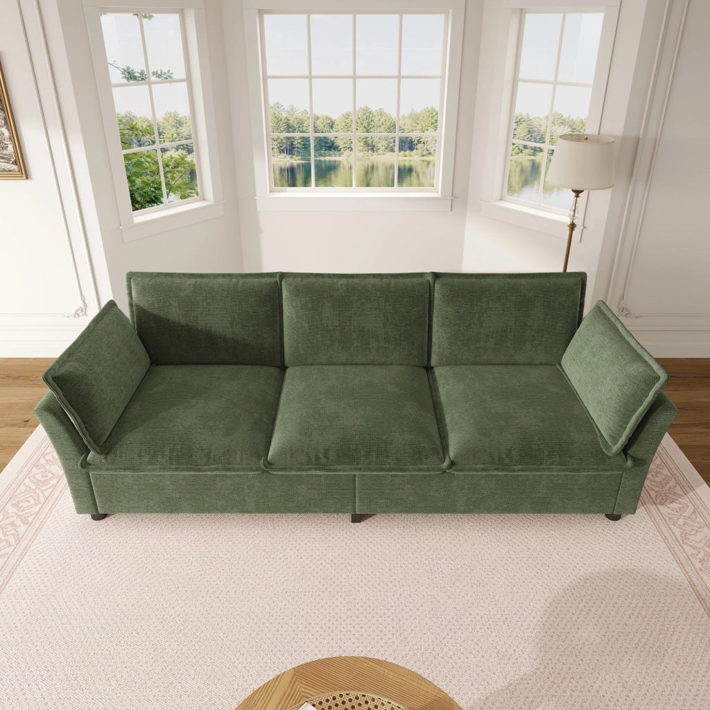 Divano 3 posti in chenille con cuscini per braccioli e struttura in metallo verde per soggiorno 220 × 81 × 87 cm