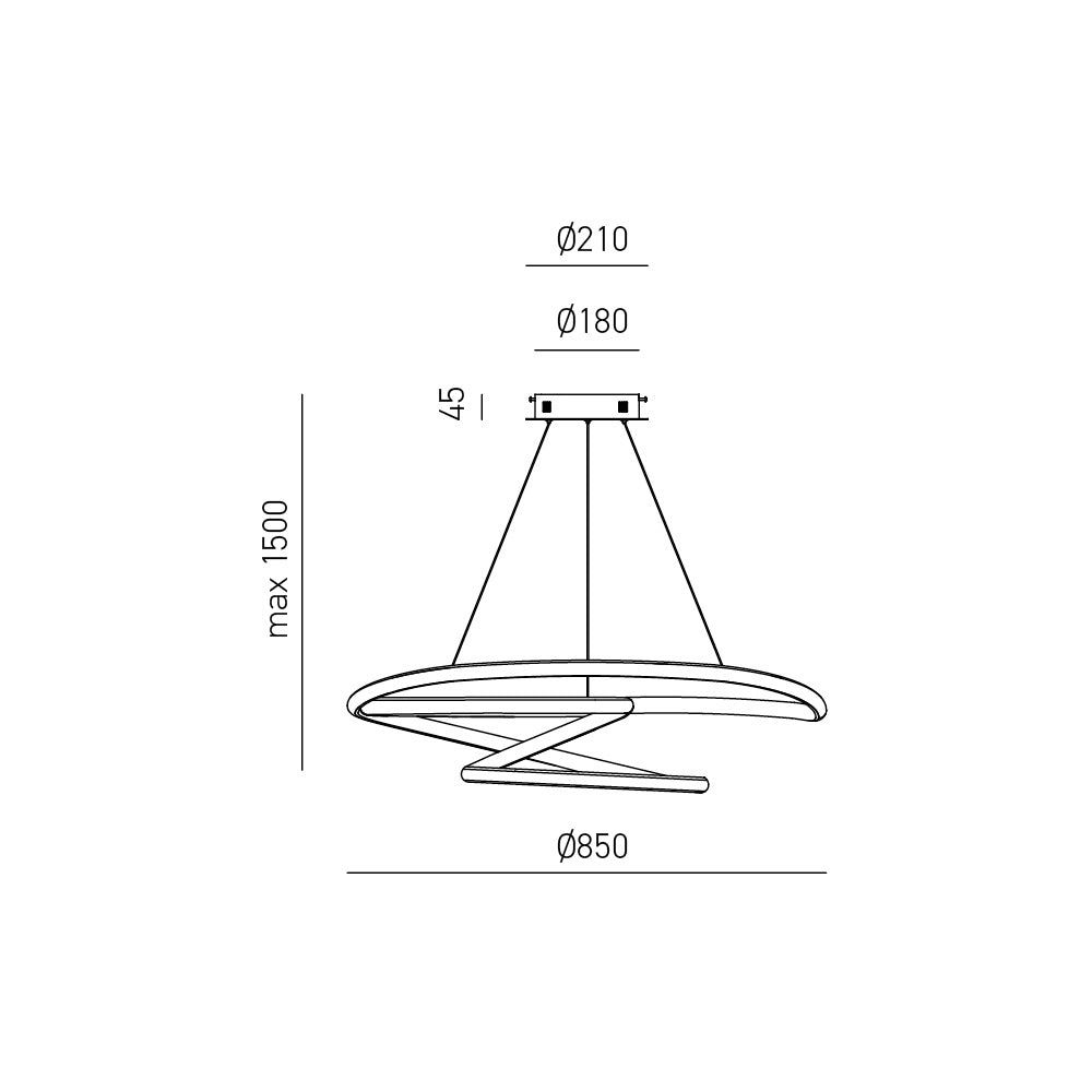 Diva - Lampada a sospensione led 80W dimmerabile - Design moderno in alluminio titanio, luce calda 3000K, anelli intrecciati d.85cm