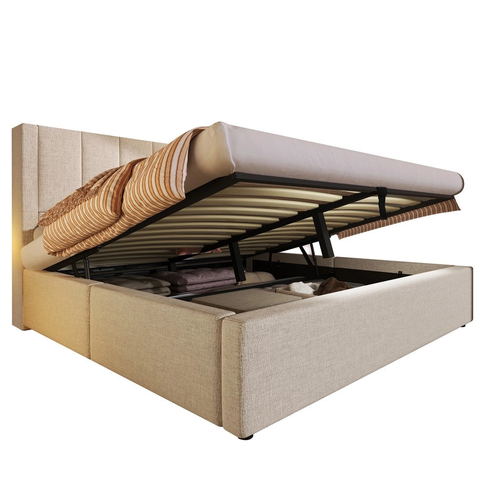 Letto Contenitore Imbottito 180x200 ¨C MINIMAL ¨C Idraulico, Doghe Incluse, Lino Beige