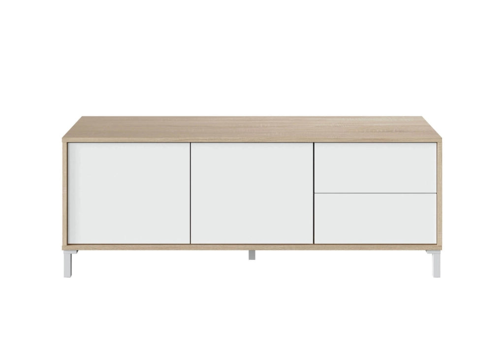 Mobile porta TV Alva, Credenza per televisione a 2 ante, Supporto TV da soggiorno, Mobile porta TV, Madia per salotto, cm 151x41h80, Rovere e Bianco