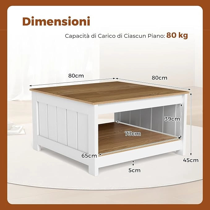 Tavolino da Salotto, Tavolino da Caffè in Legno con 2 Ripiani Aperti, Tavolo Moderno e Rettangolare per Soggiorno, Camera da Letto e Studio, Portata 160 kg, 80 x 80 x 45 cm