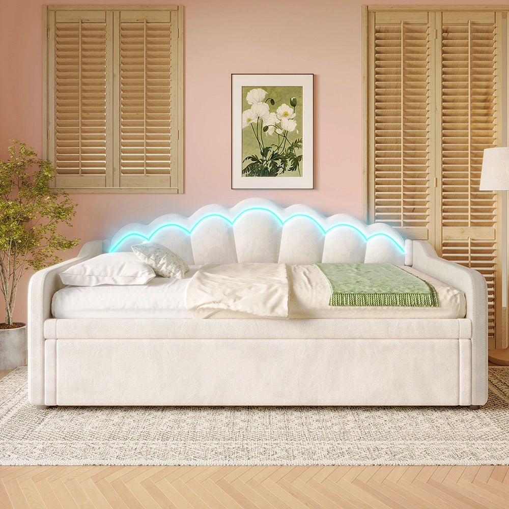 Letto giorno gigogne 90/180x200cm - Xylo - beige, luci LED, tessuto