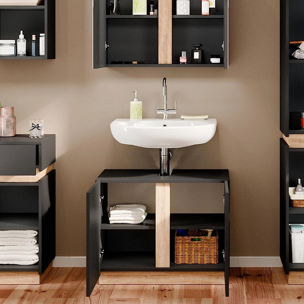 Mobile sottolavabo per bagno Gloria, Antracite, 70.4 x 55.5 cm con 2 porte, con apertura per sifone e compatibile con la serie Gloria