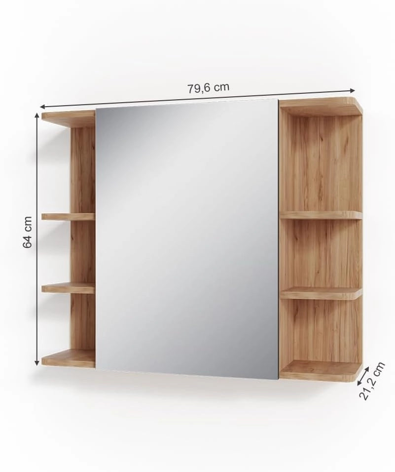 Specchio contenitore bagno Fynn, Quercia dorata, 79.6 x 64 cm, con specchio e ripiani aperti per montaggio a parete