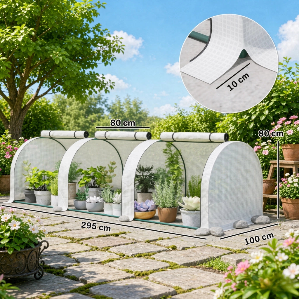 Serra a tunnel con 3 porte con cerniera protezione UV per ortaggi in acciaio e PE bianco 295 × 100 × 80 cm