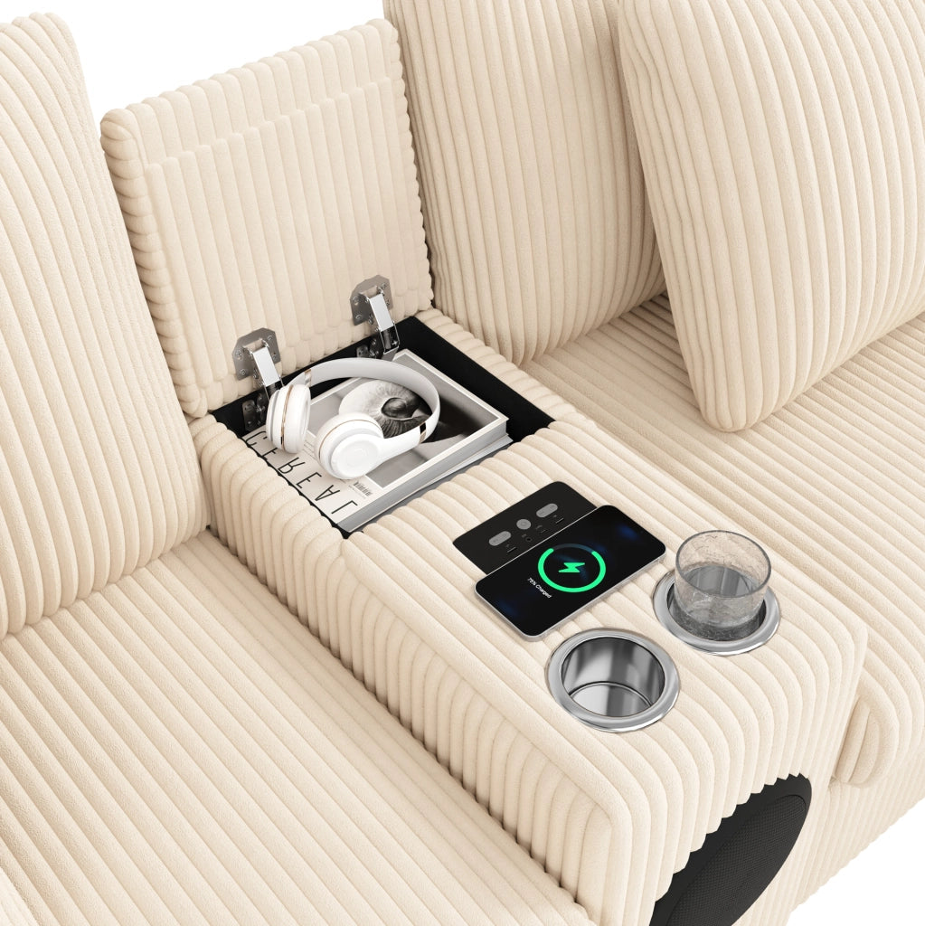 Divano modulare U/L in velluto a coste beige con console Bluetooth; ricarica wireless; USB e Type-C