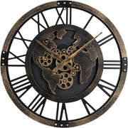 Grande Orologio da Parete 68 cm, Orologio a Ingranaggi con Mappa del Mondo, Orologio in Metallo Decorativo Silenzioso con Ingranaggi Mobili, per Soggiorno Camera da Letto Cucina