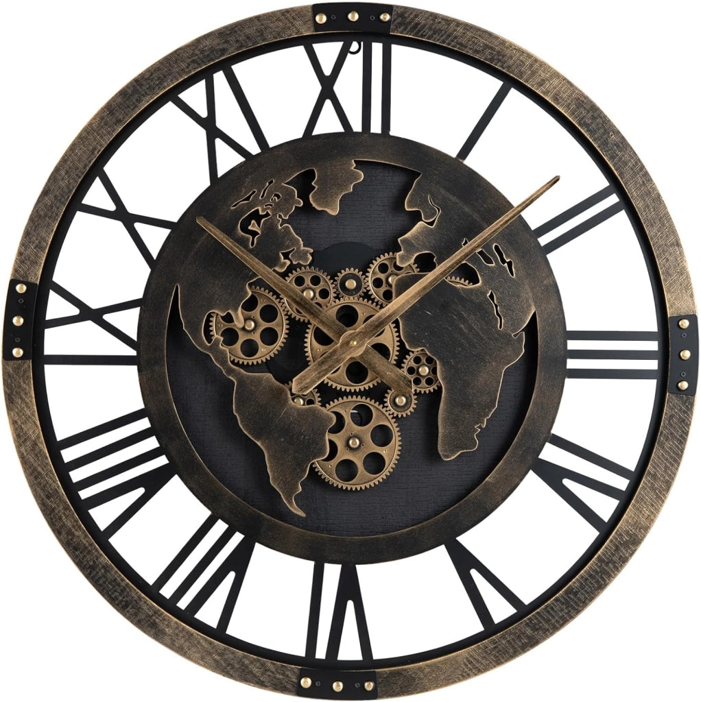 Grande Orologio da Parete 68 cm, Orologio a Ingranaggi con Mappa del Mondo, Orologio in Metallo Decorativo Silenzioso con Ingranaggi Mobili, per Soggiorno Camera da Letto Cucina