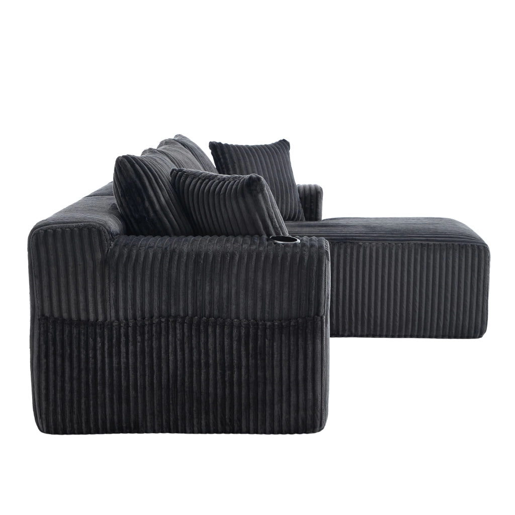 Divano modulare con chaise longue e 2 posti, rivestimento in corduroy grigio, 5 cuscini, tasche laterali e portabicchieri