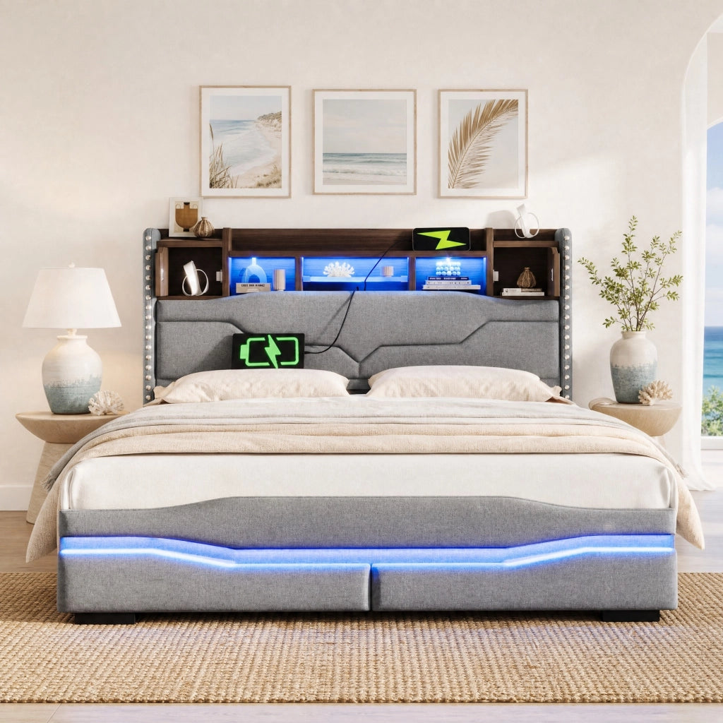 Letto imbottito 160x200 cm con contenitore idraulico, luci LED e ricarica integrata