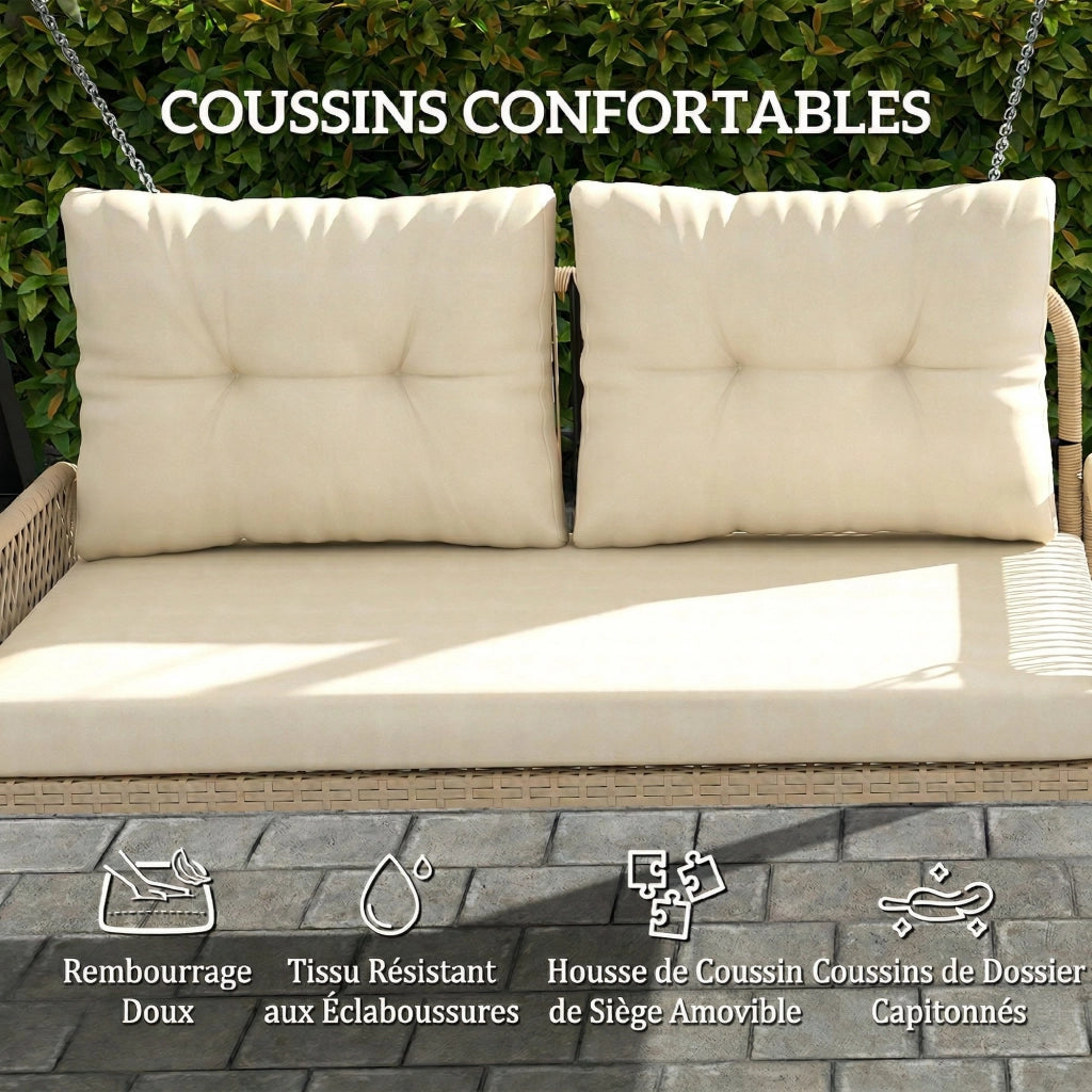 Divano Sospeso da Giardino 2 Posti in Polyrattan con Cuscini e Catene in Acciaio ¨C Xylo ¨C Beige 115x66x44cm