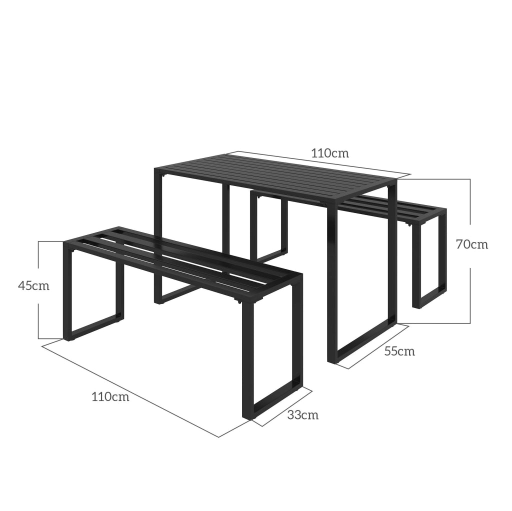 Set da giardino 3 pezzi con tavolo e 2 panche in metallo nero 110x55x70 cm
